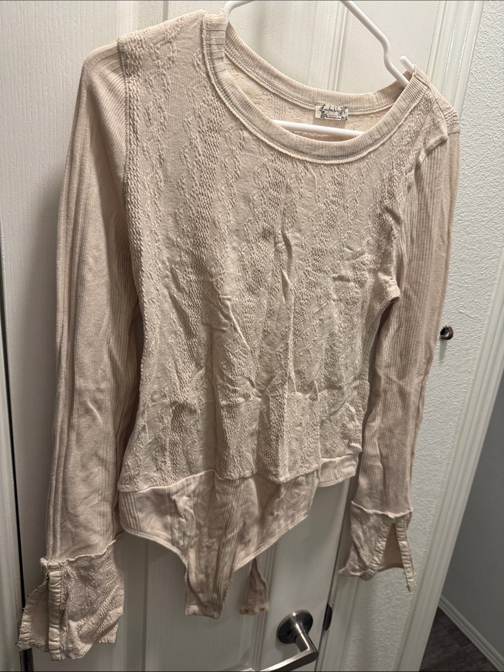Free People Cream Long Sleeve Knit Top with Textured Front